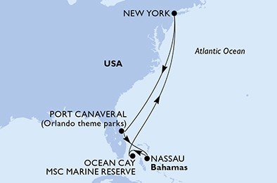 msc sailing map from nyc